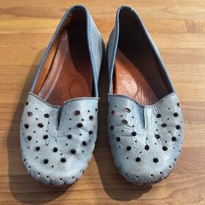 Perforated Light Blue Leather Slip-On Flats
